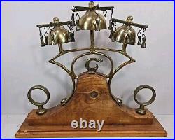 Vintage Three Bell Horse Saddle Christmas Sleigh Bells On Wood Stand Carriage