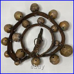Vintage True Antique Sleigh Bells 17 Brass Bells On A Leather Strap