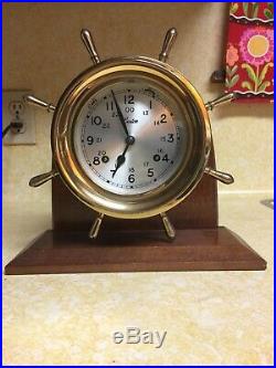 Vintage USA Boston 7 Jewels Brass Ships Bell Chimes Clock Wood Base