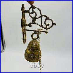 Vintage Wall Mount Brass Bell Door Knocker Monastery With Chain Hollywood Regency