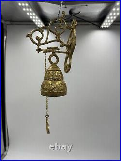 Vintage Wall Mount Brass Bell Door Knocker Monastery With Chain Hollywood Regency
