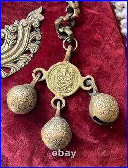 Vintage Wall Mount Brass Door Knocker Monastery Bells with Chain