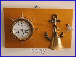 Vintage Working SCHATZ'Ships Bell' Marine Maritime Brass Ship Wheel Wall Clock