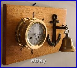 Vintage Working SCHATZ'Ships Bell' Marine Maritime Brass Ship Wheel Wall Clock