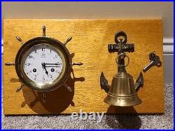 Vintage Working SCHATZ'Ships Bell' Marine Maritime Brass Ship Wheel Wall Clock