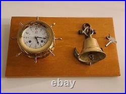 Vintage Working SCHATZ'Ships Bell' Marine Maritime Brass Ship Wheel Wall Clock