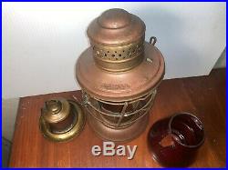 Vintage antique collatable Brass Bell Bottom Railroad Lantern red globe