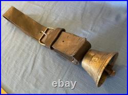 Vintage cow cattle bell Brass Bronze with leather strap collar antique