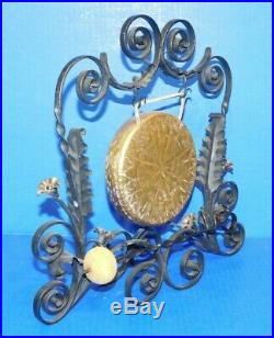 Vtg Antique Art Deco Dinner Hallway Bell Gong Wrought Iron Scroll Bronze Brass