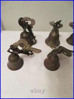 Vtg Antique Lot of 8 Brass Hand Bells Handbells w Keys Christmas Holiday AS IS
