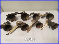 Vtg Antique Lot of 8 Brass Hand Bells Handbells w Keys Christmas Holiday AS IS