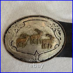 Vtg Bells Leather Strap Elk Comstock German Silver Belt Buckle Sleigh Xmas Santa