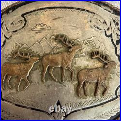 Vtg Bells Leather Strap Elk Comstock German Silver Belt Buckle Sleigh Xmas Santa