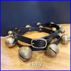 Vtg Brass Sleigh Bells Black Leather Strap Belt 15 Graduated Bells Horse Over 6