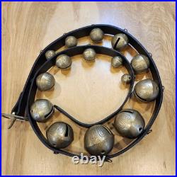 Vtg Brass Sleigh Bells Black Leather Strap Belt 15 Graduated Bells Horse Over 6