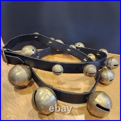 Vtg Brass Sleigh Bells Black Leather Strap Belt 15 Graduated Bells Horse Over 6