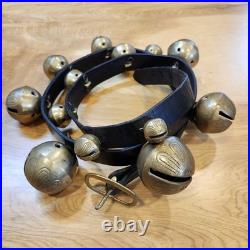 Vtg Brass Sleigh Bells Black Leather Strap Belt 15 Graduated Bells Horse Over 6
