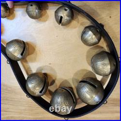 Vtg Brass Sleigh Bells Black Leather Strap Belt 15 Graduated Bells Horse Over 6