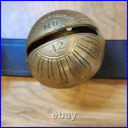 Vtg Brass Sleigh Bells Black Leather Strap Belt 15 Graduated Bells Horse Over 6