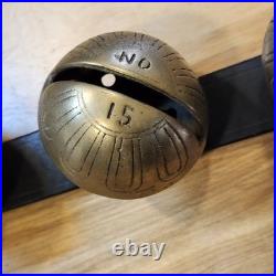 Vtg Brass Sleigh Bells Black Leather Strap Belt 15 Graduated Bells Horse Over 6