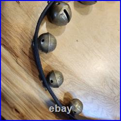 Vtg Brass Sleigh Bells Black Leather Strap Belt 15 Graduated Bells Horse Over 6