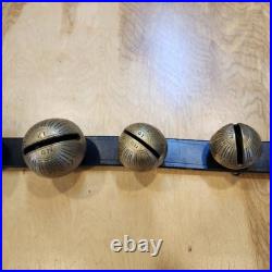 Vtg Brass Sleigh Bells Black Leather Strap Belt 15 Graduated Bells Horse Over 6
