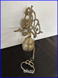 Vtg Brass Wall Mount Hanging Monastery Door Porch Bell with Ornate Pull Chain