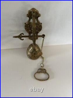 Vtg Brass Wall Mount Hanging Monastery Door Porch Bell with Ornate Pull Chain