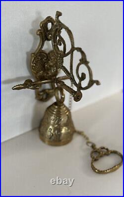 Vtg Brass Wall Mount Hanging Monastery Door Porch Bell with Ornate Pull Chain