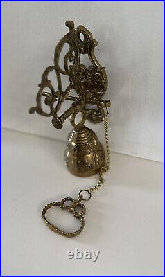 Vtg Brass Wall Mount Hanging Monastery Door Porch Bell with Ornate Pull Chain