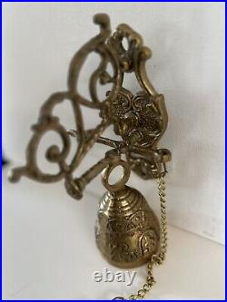 Vtg Brass Wall Mount Hanging Monastery Door Porch Bell with Ornate Pull Chain