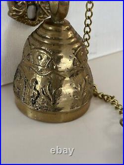 Vtg Brass Wall Mount Hanging Monastery Door Porch Bell with Ornate Pull Chain