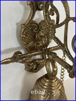 Vtg Brass Wall Mount Hanging Monastery Door Porch Bell with Ornate Pull Chain
