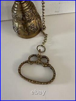 Vtg Brass Wall Mount Hanging Monastery Door Porch Bell with Ornate Pull Chain