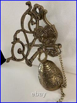 Vtg Brass Wall Mount Hanging Monastery Door Porch Bell with Ornate Pull Chain