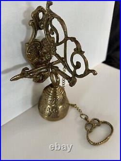 Vtg Brass Wall Mount Hanging Monastery Door Porch Bell with Ornate Pull Chain