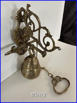 Vtg Brass Wall Mount Hanging Monastery Door Porch Bell with Ornate Pull Chain