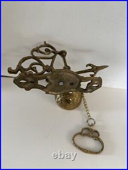 Vtg Brass Wall Mount Hanging Monastery Door Porch Bell with Ornate Pull Chain