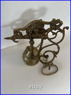 Vtg Brass Wall Mount Hanging Monastery Door Porch Bell with Ornate Pull Chain