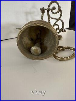Vtg Brass Wall Mount Hanging Monastery Door Porch Bell with Ornate Pull Chain