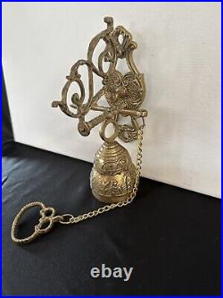 Vtg Brass Wall Mount Hanging Monastery Door Porch Bell with Ornate Pull Chain