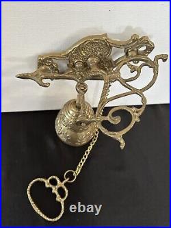 Vtg Brass Wall Mount Hanging Monastery Door Porch Bell with Ornate Pull Chain