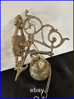 Vtg Brass Wall Mount Hanging Monastery Door Porch Bell with Ornate Pull Chain