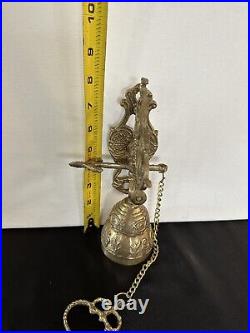 Vtg Brass Wall Mount Hanging Monastery Door Porch Bell with Ornate Pull Chain