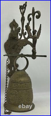 Vtg Brass Wall Mounted Bell Gothic Monestary Pull Bell Dinner Vocem Meam Oui Me