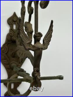 Vtg Brass Wall Mounted Bell Gothic Monestary Pull Bell Dinner Vocem Meam Oui Me