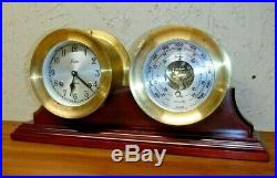 Vtg Chelsea Boston 5 1/2 Brass Ship Bell Mantle Clock & Barometer Set Working