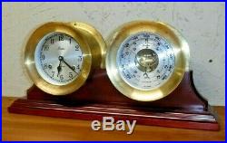 Vtg Chelsea Boston 5 1/2 Brass Ship Bell Mantle Clock & Barometer Set Working
