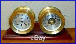 Vtg Chelsea Boston 5 1/2 Brass Ship Bell Mantle Clock & Barometer Set Working