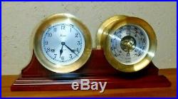 Vtg Chelsea Boston 5 1/2 Brass Ship Bell Mantle Clock & Barometer Set Working